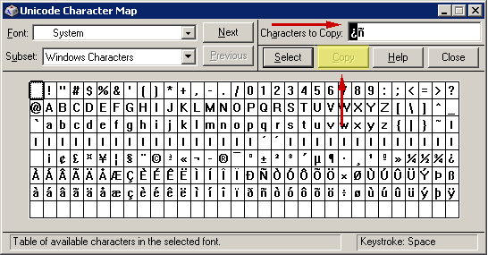N T Character Map Grid, copy button highlighted