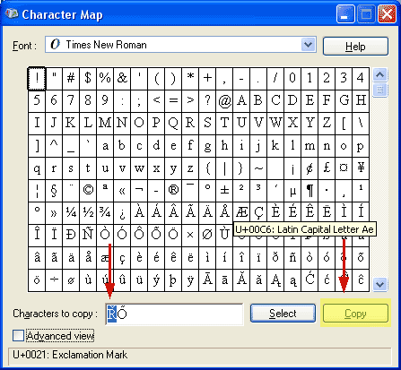 X P Character Map, Copy button highlighted