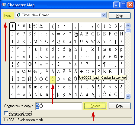 X P character map