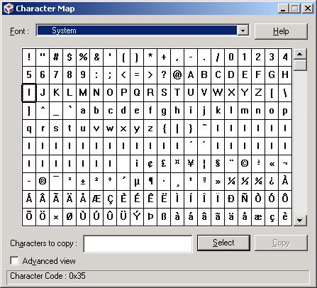 Character Map 2000 grid