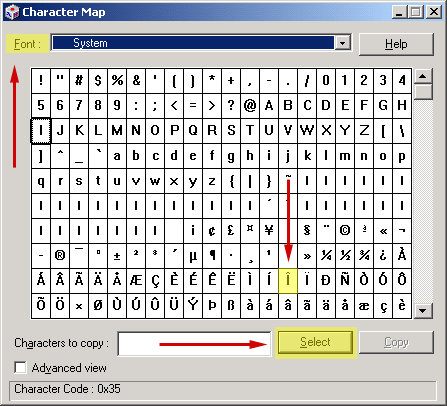 2000 Character Map, Select button highlighted
