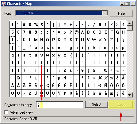 Character Map 2000,  Copy button highlighted